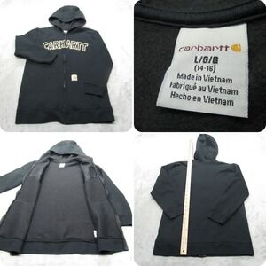 Carhartt Hoodie Youth Large Black Logo Graphic Pocket Fleece Full Zip Sweatshirt